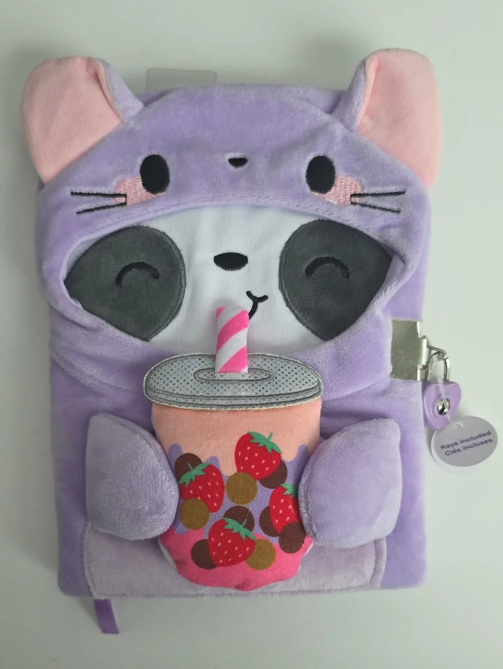 Diary With Lock - Purple Plush Mouse Panda with Strawberry Boba
